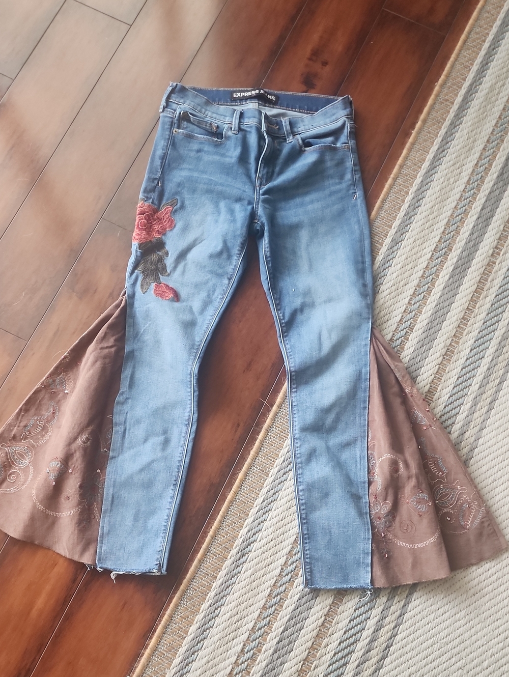 Express Denim Flares with Brown Panel Insets & Rose Appliqué Upcycled